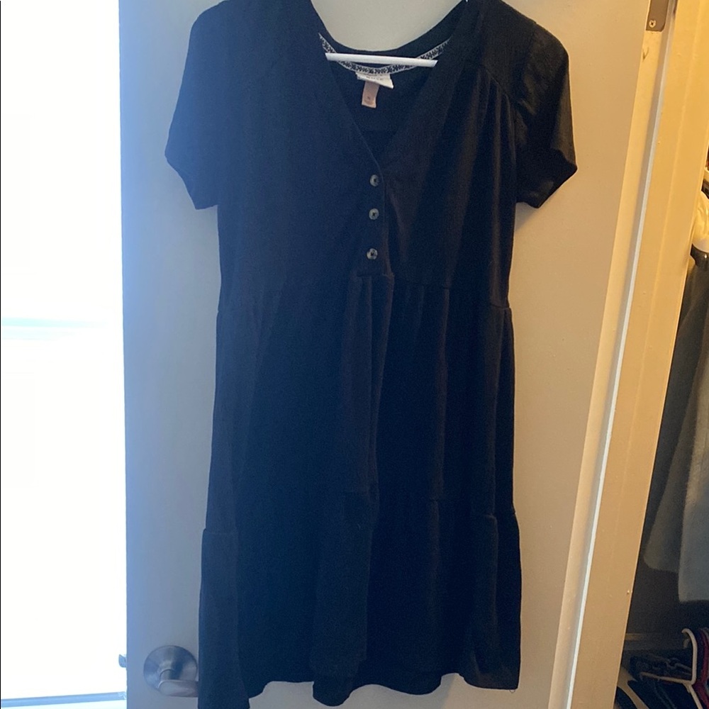Black Short Sleeve Tiered Button Front Dress
